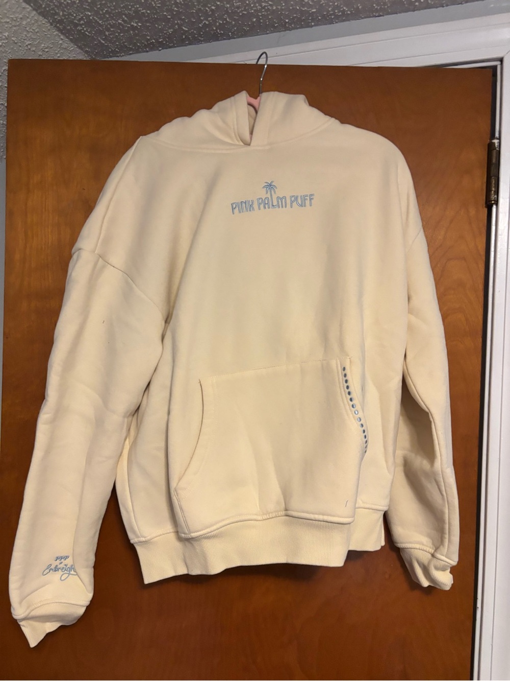 PINK Victoria's Secret Cream Crewneck Hoodie with Light Blue Logo